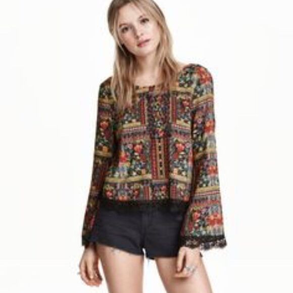 H&M COACHELLA Crop lace Floral Top Blouse Boho 8 - Picture 1 of 5